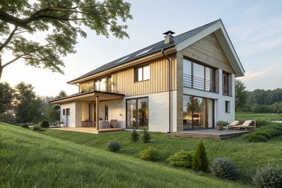 prikaz obiteljske montažne kuće na zelenoj parceli