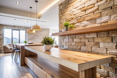 detalj interijera s kamenom i drvetom