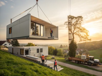 Dizanje panela montažne kuće dizalicom na gradilištu