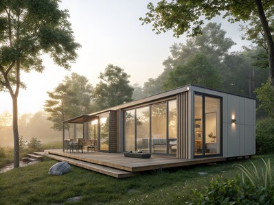 Moderna mobilna kuća na rubu šume s terasom