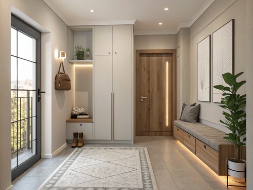 Uređen ulazni hodnik s klupom, zatvorenim ormarićem za cipele i toplom rasvjetom