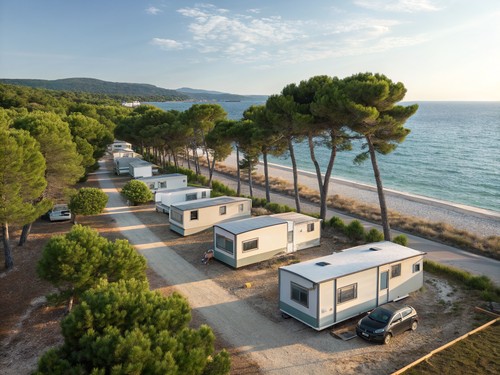 mobilne kućice u kampu i jasna granica pojasa uz more